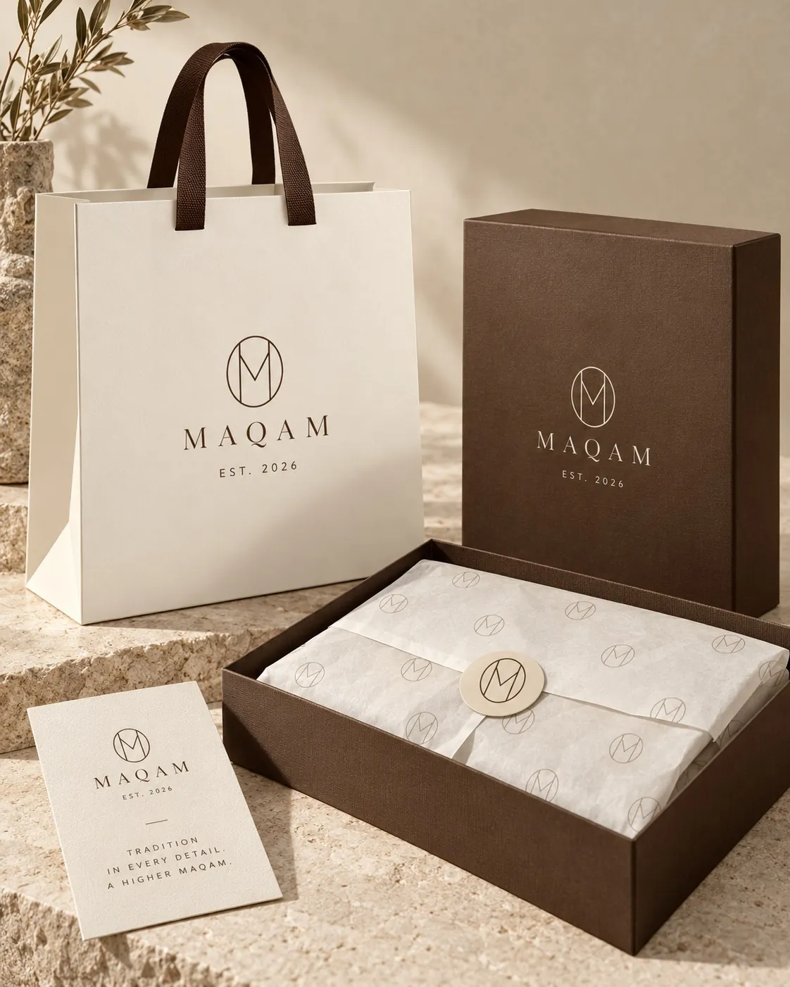 The MAQAM bag, brown box and tissue sealed with the monogram