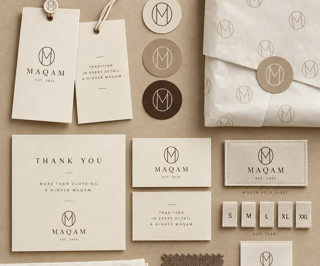 MAQAM hang tags, seal stickers, thank-you card, woven label and size tabs